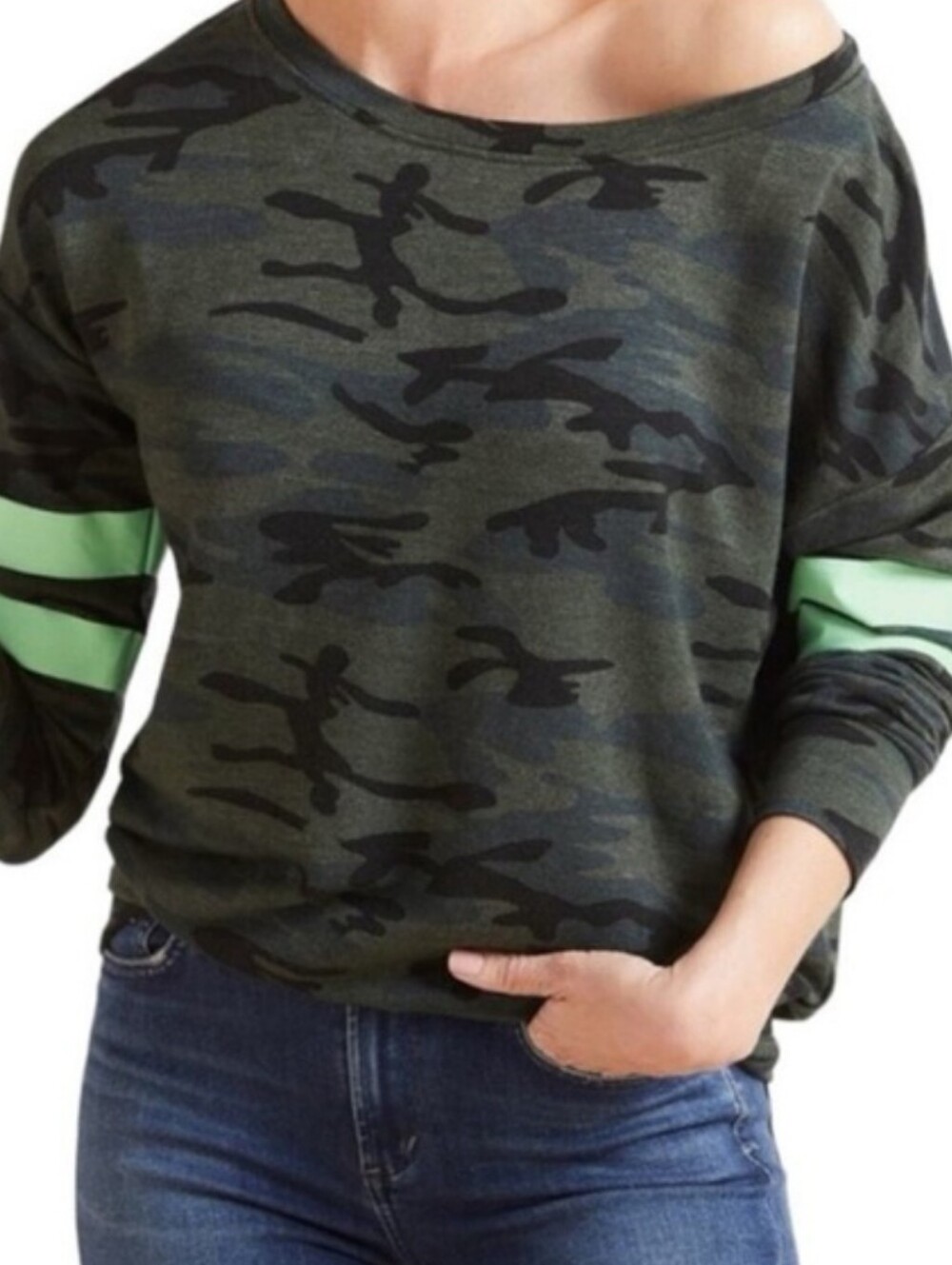 Sundry Olive Camo Off-Shoulder Sweatshirt Neon Green Stripes Size Sundry 1 US Sm